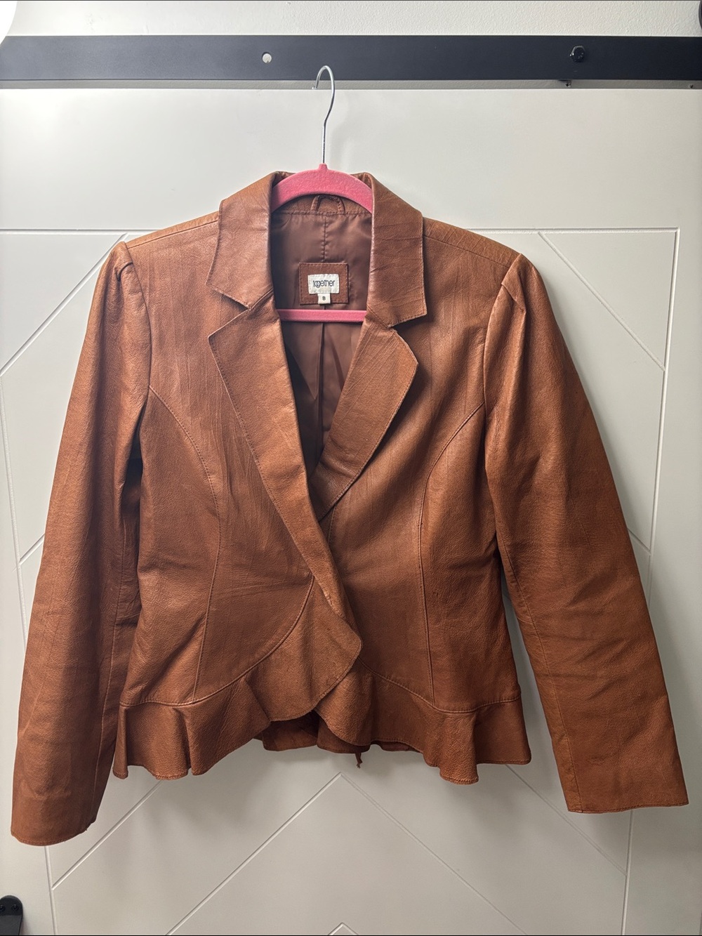 Together Women's Brown 100% Leather Ruffled Hem Jacket